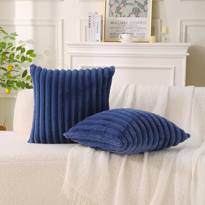 Decorative Throw Pillow with Inserts, Set of 2 Soft Faux Fur Throw Pillows, Square Boho Striped Pillow for Couch, Bed, Sofa Decor (Blue, 20" x 20"(Pack of 2))