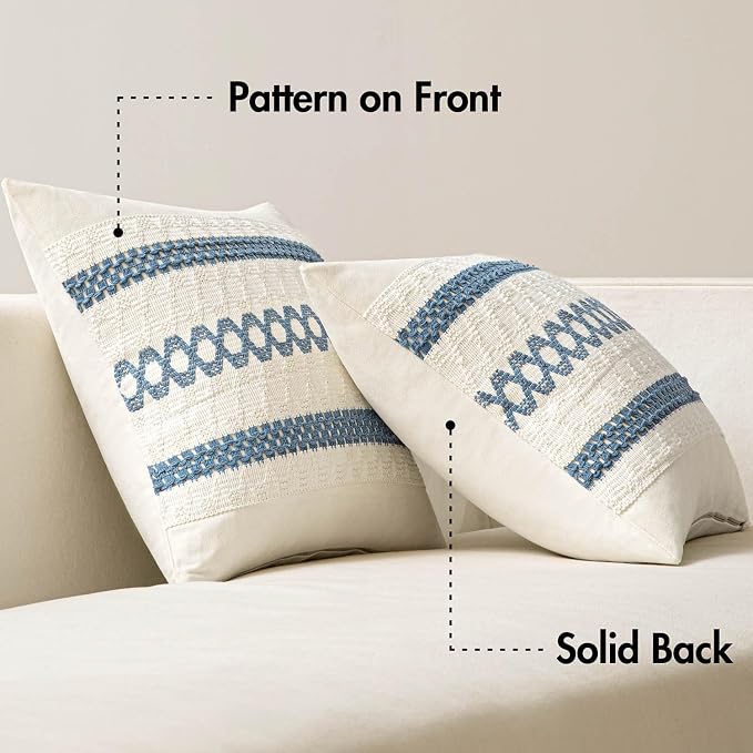MIULEE Set of 2 Coastal Blue Boho Decorative Pillow Covers 20x20 Inch | Farmhouse Couch Throw Pillows, Modern Cotton Cushion Covers, Macrame Woven Spring Decor for Bed Sofa Chair