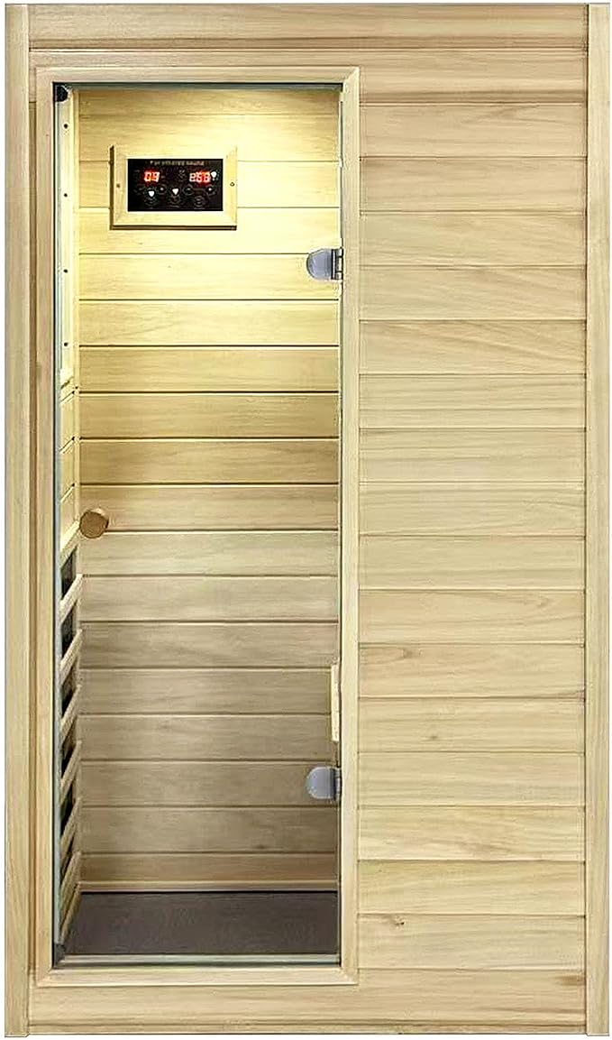 Far Infrared Sauna European Aspen Wood 1 Person Infrared Sauna for Home 905W Low EMF Mini Indoor Sauna with Bluetooth Speakers, Left Door