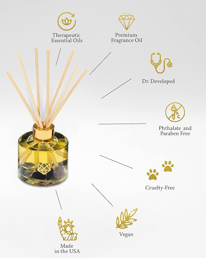 Crystal Infused Reed Diffuser, 4 OZ, Focus - Fluorite Crystal Infused - Scents of Orange, Ginger, Ylang-ylang, & Lavender - Home Decor, House Warming, Stick Perfume, Coffee Table