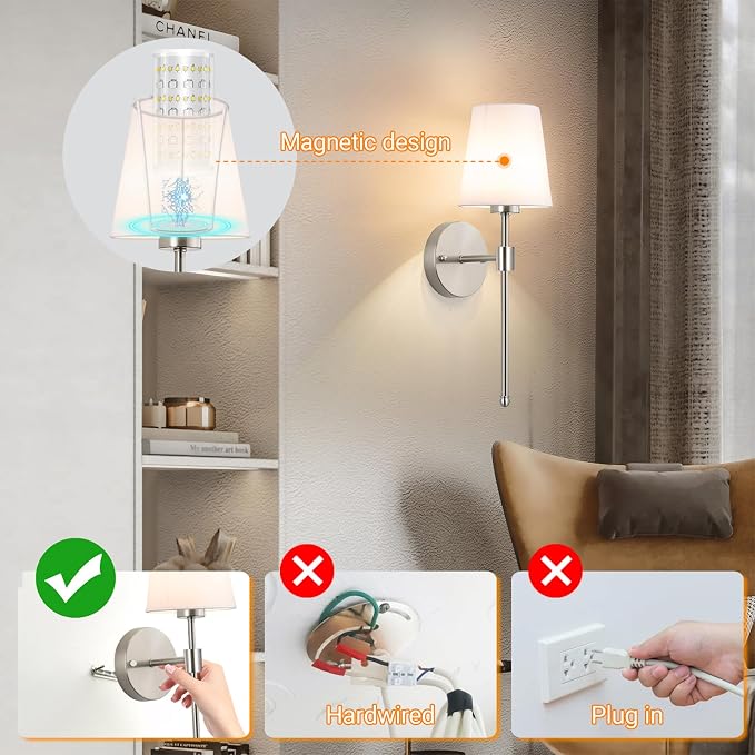Battery Operated Wall Sconces Set Of 2, Wireless Battery Wall Light With 10000mAh RGB Rechargeable Magnetic Bulb, Rechargeable Wall Sconce With Remote Control For Bedroom, No Electrician Required