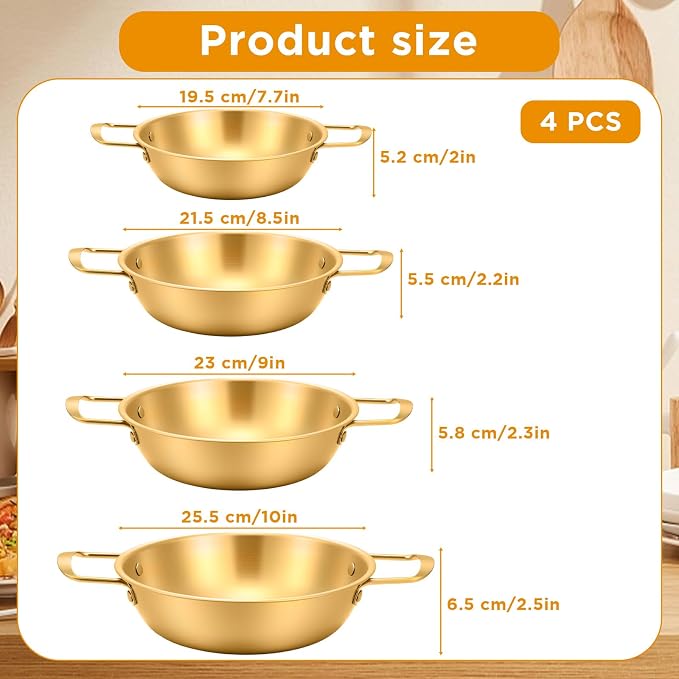 4-Piece Korean Ramen Pot for Stove, Stainless Steel Korean Noodle Pot with Handles, Golden Soup Pots & Cooking Pots for Home & Outdoor Use (Inner Diameter 7.7", 8.5", 9", 10")
