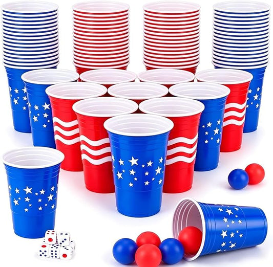 60 Pieces 4th of July Cup Pong Game Set 16 oz Red & Blue Patriotic Plastic Cups with 10 Red & Blue Balls for Independence Day Party Games, Backyard BBQ, Patriotic Decorations & Supplies