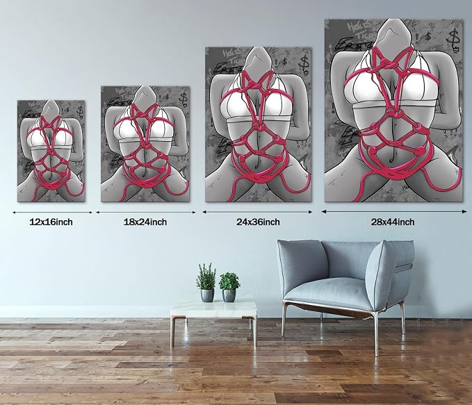 Yeesjoee Nude Female Canvas Wall Art Prints, Sexy Body with Pink Rope Bondage, Abstract Woman Figure Poster Painting Modern Artistic Decor for Bedroom Living Room Contemporary Home, 12x16 in Framed