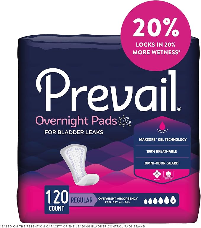 Prevail Proven - Incontinence Bladder Control Pads - Bladder Leak Pads - Overnight Absorbency, 120 Count (4 Packs of 30) | Disposable, Incontinence