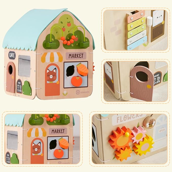 2 in 1 Montessori Wooden Busy Board House, Multi-Functional Foldable Busy Board, Fine Motor Skills Training for Little Kids Aged 1-3, Gifts for Boys and Girls