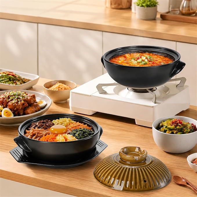 Okllen Large Korean Ceramic Bowl with Lid and Platter, 54 oz Clay Pot for Cooking, Sizzling Hot Pot for Dolsot Bibimbap, Soup, Casserole, Rice, Stew, Noodle