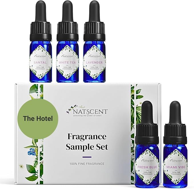 the Hotel Fragrance Oil Set, Fragrance Oils for Diffusers for Home, Hotel Collection Diffuser Oil Set with Santal, White Tea, Fresh Blue, Lavender, Miami Vibe, 5 x 0.33oz