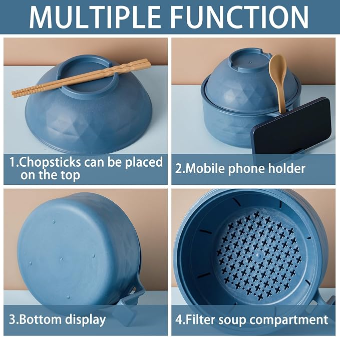 1 Set Microwave Ramen Cooker 40oz Wheat Straw Microwave Noodle Bowl Set with Chopsticks, Spoon, Fork, College Dorm Office Apartment Essentials (Dark Blue)