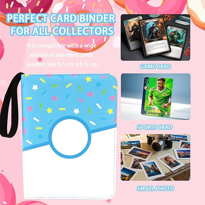 4 Pocket Card Binder 400 Card Holder Album, Pink Donut Trading Cards Holder Zipper Binder for Girl Teen Collection (Blue Donut, 400 Pocket)