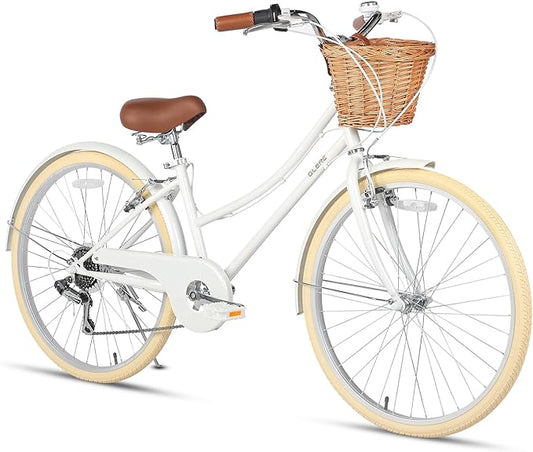 Glerc 20 24 26 Inch Beach Cruiser Bike, 6-Speed Hybrid City Bicycle for Girls Youth and Over 6 Years Old, Missy Bike with Wicker Basket & Lightweight, Multiple Colors