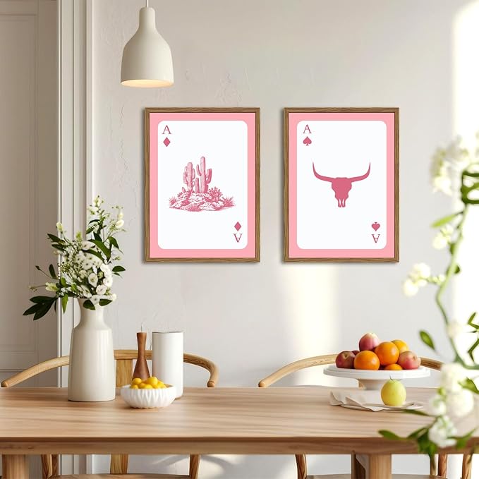 Pink Western Wall Art, How Lucky are We Wall Decor Picture Southwestern Cowgirl Playing Card Poster Canvas Print Bull Skull Painting Artwork for Bedroom Living Room 16x24 inch Wood Framed