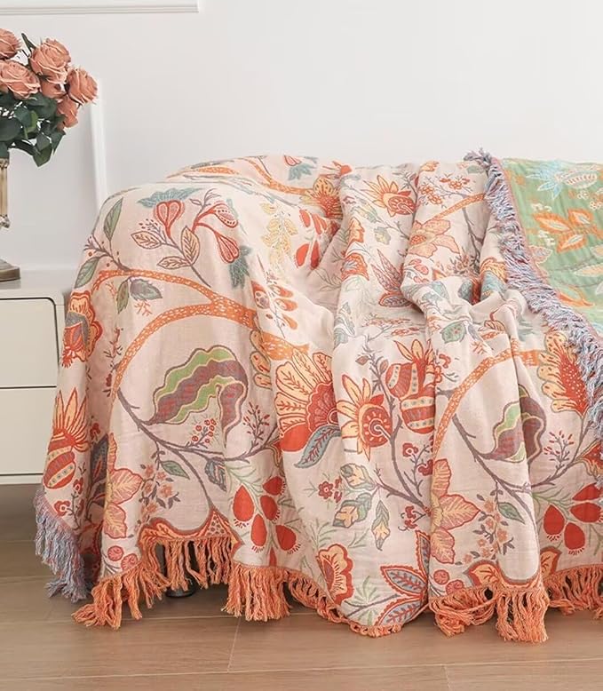 Boho Throw Blanket for Bed 100% Cotton Bohemian Blankets Ultra Soft Woven Muslin Decorative Blankets All Seasons Vintage Quilt Knitted Blanket for Sofa Chair(Orange, 60"x80")