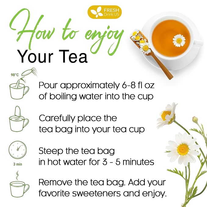 FRESHDRINKUS, 135 Chamomile Tea Bags, 100% Natural and Pure Chamomile Flowers, Eco-conscious Tea Bags. Chamomile Flower Herbal Tea. No Sugar, No Caffeine, No Gluten, Vegan.
