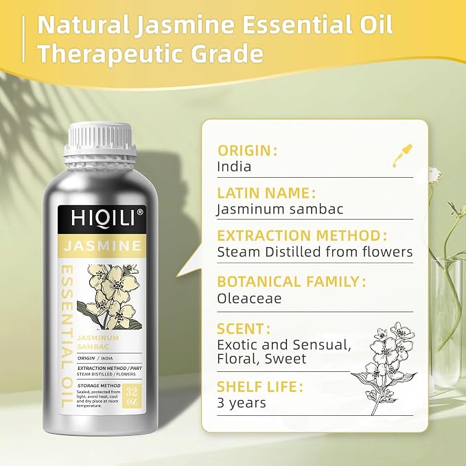 HIQILI Jasmine Essential Oil - 32 Fl Oz/1000 ML | Jasmine Oil for Diffuser, Perfume, Shampoo, Aromatherapy