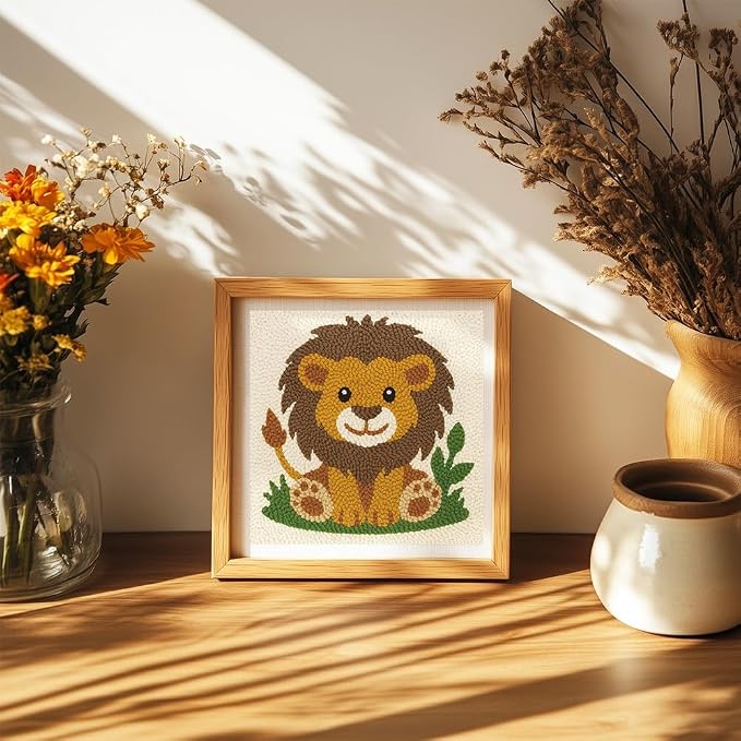 DOODLREAM Cute Lion DIY Punch Needle Embroidery Kit for Adult Beginner, 9.4" Cartoon Lion Animal Punch Stitching Craft Set for Starter with Frame,Fabric Pattern,Threader, Yarn, Pinch Needle