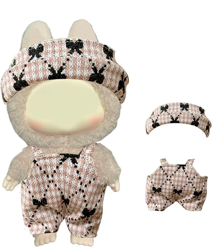 Clothes Set for Labubu Dolls (for Both 15cm & 17cm Monster Keychain-Macaron/Have a seat/Energy). Clothing Accessories for labubu 6.7" Blind Box.(Pink Swallow Gird)
