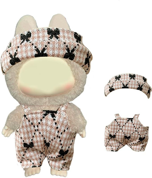 Clothes Set for Labubu Dolls (for Both 15cm & 17cm Monster Keychain-Macaron/Have a seat/Energy). Clothing Accessories for labubu 6.7" Blind Box.(Pink Swallow Gird)