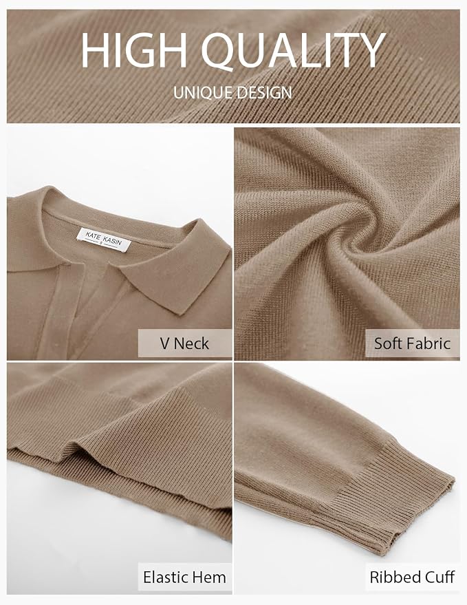 Women's Long Sleeve Classic V Neck Casual Fall Winter Polo Sweater Tops | Basic Collared Knitted Fashion Work Business Formal Daily Wear Versatile Pullover Shirts