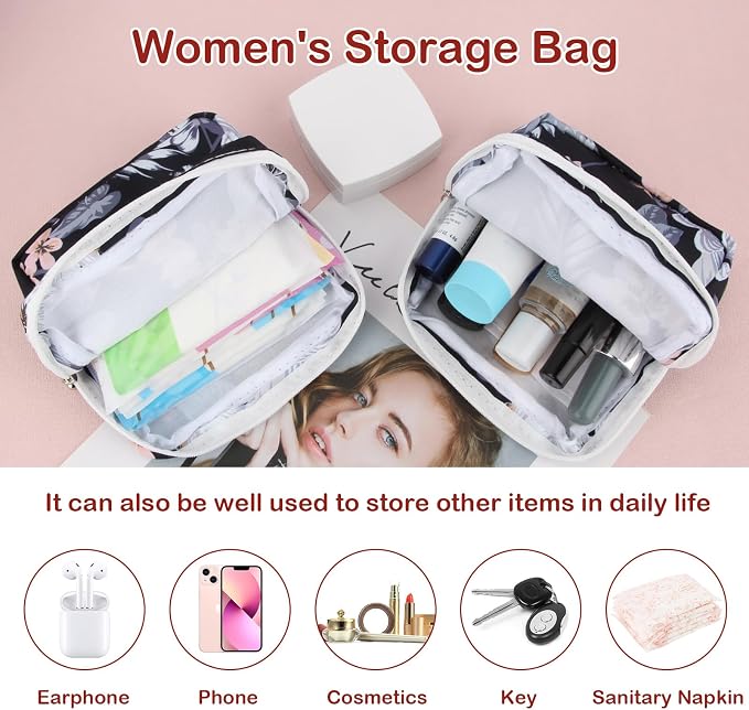 Sanitary Pad Storage Bag Portable Period Bag for Teen Pads/Sanitary Napkins/Small Tampons, Sanitary Napkin Storage Bag First Period Gifts for Teen Girls (Flower)