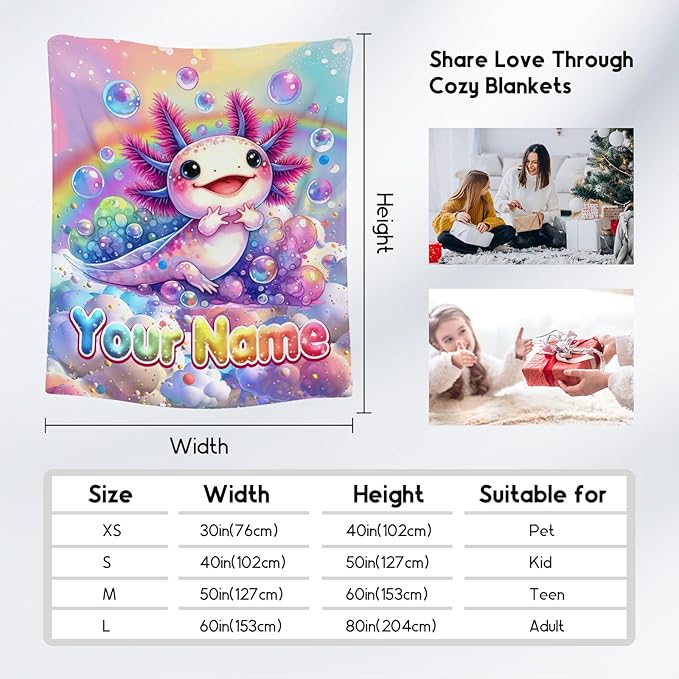 Axolotl Blanket Gifts - Personalized Girls Blankets for Kids - 4 Sizes Soft Cute Throw for Toddler