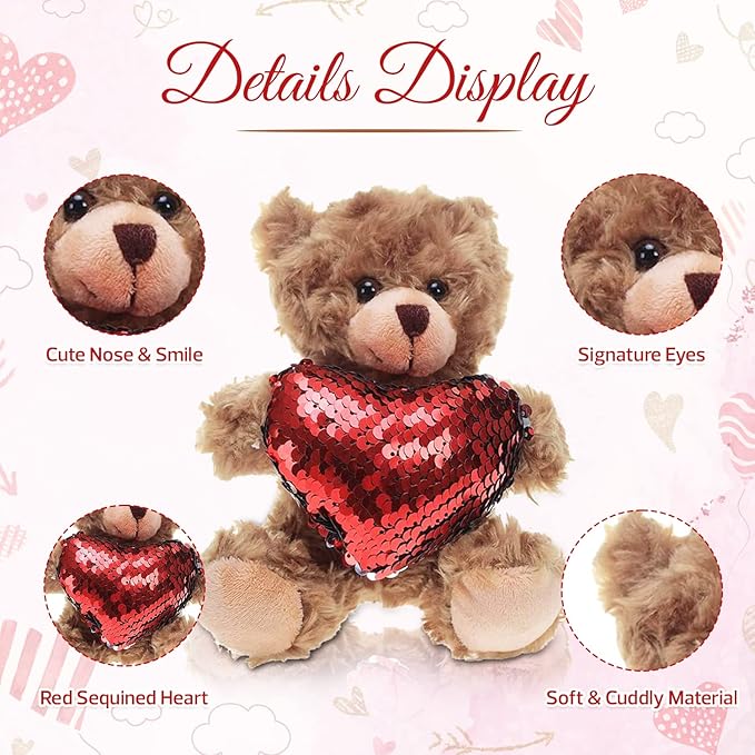 Plush Stuffed Animal Mocha Heart Bear – Love You Bears- Toy for Kids & Adults Valentine's Day - Embroidered Heart Pillow (6 Inch, Red Heart)
