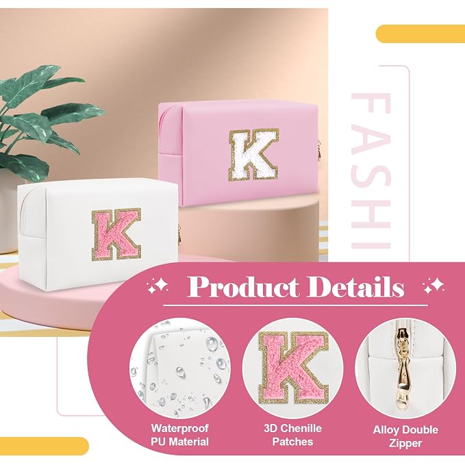 Personalized Makeup Bag Initial A-Z Preppy Patch Bag,Small PU Leather Travel Cosmetic Bag Pouch with Zipper,White Cute Toiletry Bag,Gift Ideal for Teen Girls Women Birthday Friend Mom,Letter K