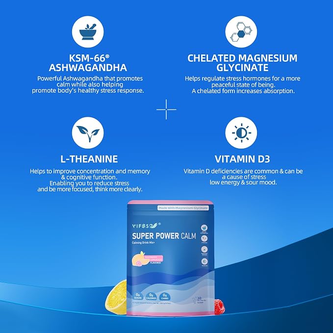 VIFSSG Super Power Calming Powdered Drink Mix, Raspberry Lemonade 30 Packets, L-Theanine, Ksm-66 Ashwagandha, Magnesium Glycinate, Vitamin D3 Supplements, Sugar-Free, Non-GMO for Relax & Focus