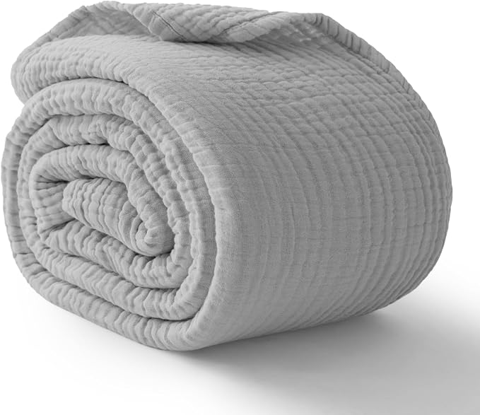 100% Cotton Muslin Blanket Large 50" x 70", Breathable and Lightweight Cotton Throw Blankets for Bed and Couch, Soft Cooling Summer Gauze Blanket for Adults All Season, Light Grey