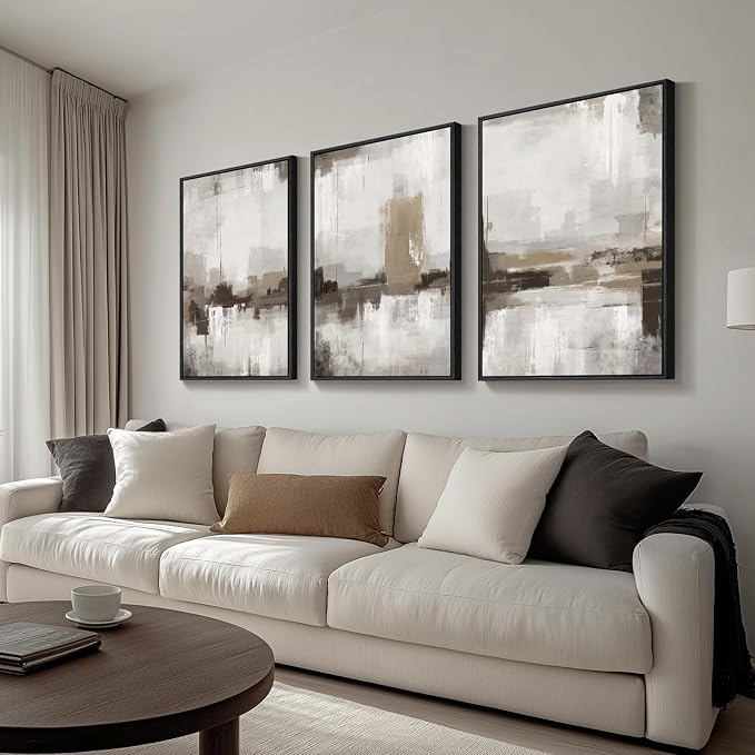 Large Framed Neutral Abstract Wall Art for Living Room, 3 Piece Modern Canvas Prints Paintings Artwork for Walls-Tan Beige Brown Minimalist Pictures for Living Room Hallway Bedroom Wall Decor 24x36 In