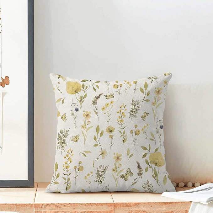 Spring Pillow Covers 18x18 Inch Set of 2, Mustard Yellow Green Wild Flower Throw Pillows Case,Colorful Seasonal Floral Plant Outdoor Decorative Farmhouse Decor Cushion Covers for Sofa Bed Couch
