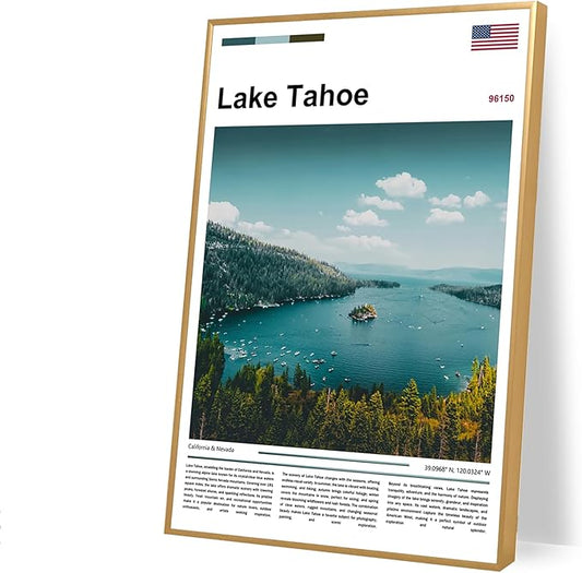 Poster Lake Tahoe Wall Art Original Design(36"x24" Unframed) Emerald Bay California Nevada Landscape Print Sierra Nevada Mountains Nature Scenery Alpine Lake View Travel Photography Picture