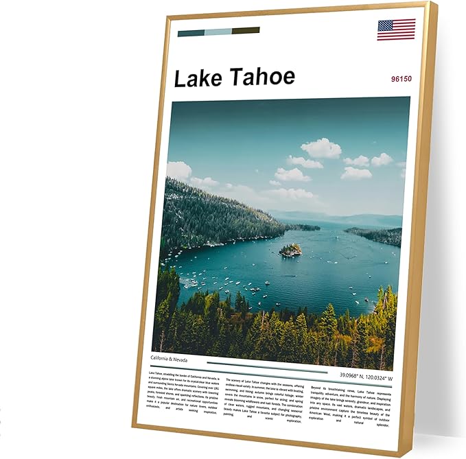 Poster Lake Tahoe Wall Art Original Design(36"x24" Golden Frame) Emerald Bay California Nevada Landscape Print Sierra Nevada Mountains Nature Scenery Alpine Lake View Travel Photography Picture