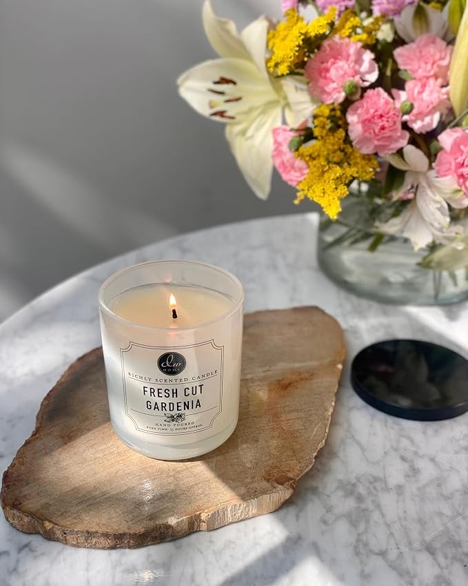 DW Home Fresh Cut Gardenia Wooden Wick Candle – Blooming Gardenia & Jasmine Floral Fragrance, 12 oz Crackling Wood Wick Jar Candle, Long Burning Home Fragrance Candle