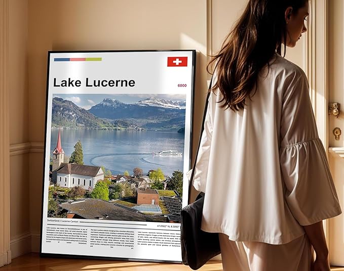 Poster Lake Lucerne Wall Art Original Design(17"x11" Golden Frame) Switzerland Alps Landscape Print European Travel Scenery Nature Photography Swiss Mountain View Picture
