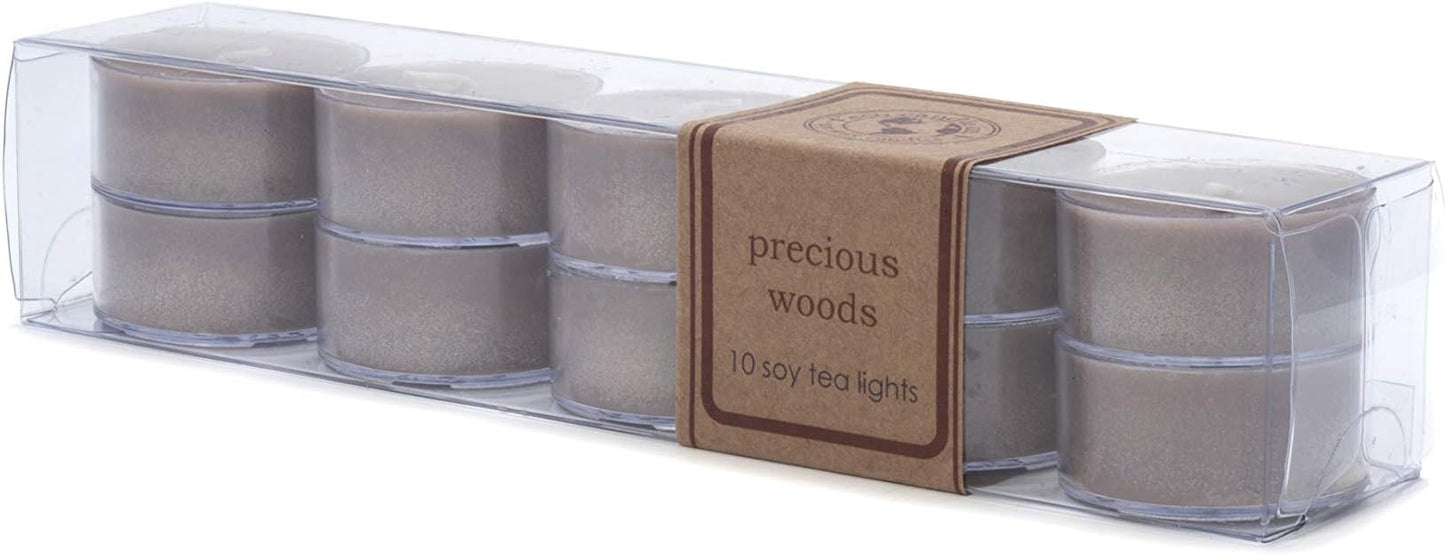 Eco Candle Co. Precious Woods Tea Light Candles, 10-Pack, 9 Hr Burn Time | Scents of Smoked Wood, Nutmeg, Musk, & Ylang - Recyclable, No Lead, Hand Poured, Midwest Grown Soybeans, .6 oz. Each