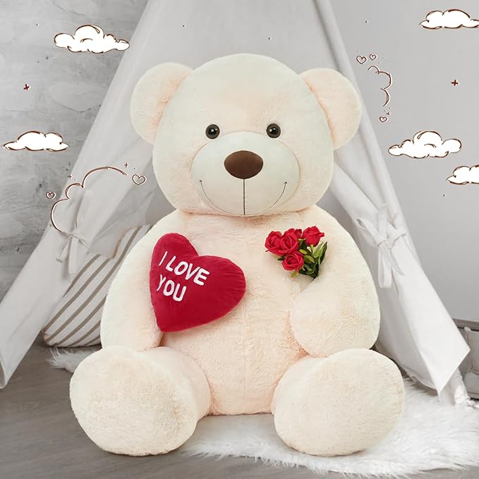MaoGoLan Big Teddy Bear Stuffed Animal, Soft and Cuddly Giant White Teddy Bear Plush with I Love You Red Heart,Valentines Gift for Kids,Girlfriend,Boyfriend,Lover,36 inches