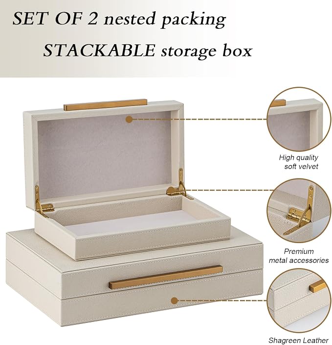 Set of 2 Beige Shagreen Decorative Storage Boxes with Gold Metal Handles – Faux Leather Jewelry & Memory Boxes, Nesting Photo Organizers for Home Decor