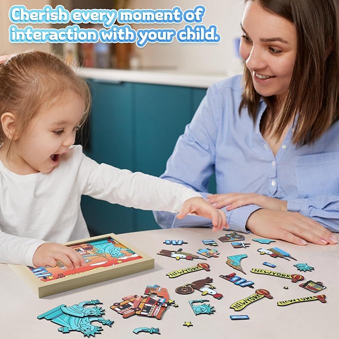 LQG Art Crafts Gift for Kids 4-8 Ages 3D Wooden City Landmark Series Frame Kit for Kids - DIY New York Cartoon Style Puzzle Toys Perfect Wall Art and Tabletop Decoration
