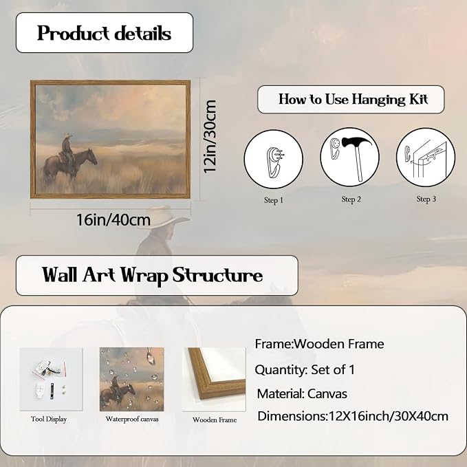Vintage Western Cowboy Wall Art Cowboy on Horse Wall Decor Paintings, Southwestern Landscape Poster Canvas Prints for Bedroom Farmhouse Living Room 12x16 inch Wood Framed