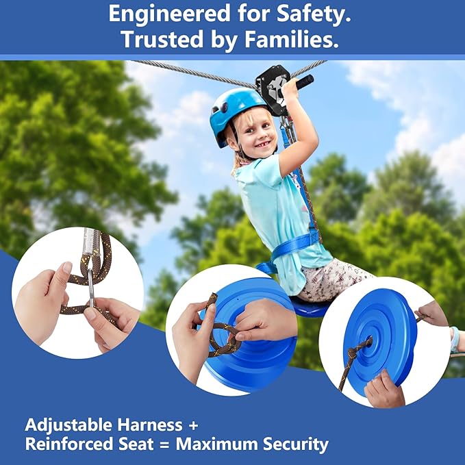 130FT Zip Line Kit for Kids & Adults, Up to 360 lbs - Updated Removable Trolley, Thickened Seat, Safety Harness, Quick Tighten - Backyard Outdoor Zipline with Tree Climbers, Christmas Birthday Gift