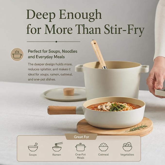 FIKA Small 7 Inch Deep Ceramic Coated Wok Pan, Nonstick Stir Fry & Soup Pan with Natural Wooden Handle, Induction Compatible for All Stovetops, Made in Korea (18cm)