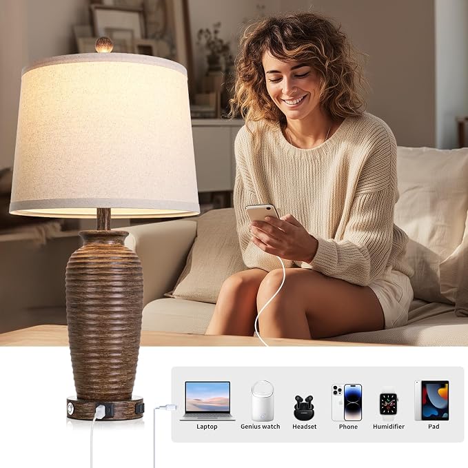 CINSARY 25" Retro Walnut Brown Farmhouse Jar Table Lamps Set of 2, 3 Way Touch Control Rustic Bedside Lamps with USB A+C Ports & AC Outlet, Pot Nightstand Lamps for Bedroom Living Room