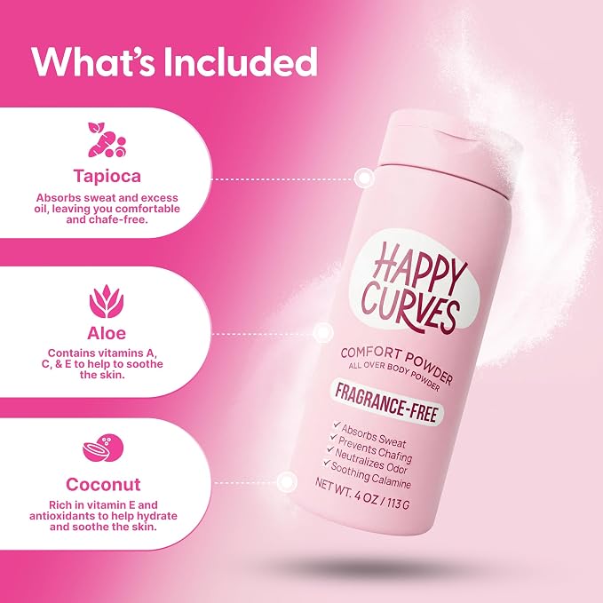 HAPPY CURVES Talc-Free Anti-Chafe Comfort Powder (Fragrance-Free) & Smoothie 2.0 Waterproof Bikini Trimmer (Guava) Bundle - Intimate Care for Women