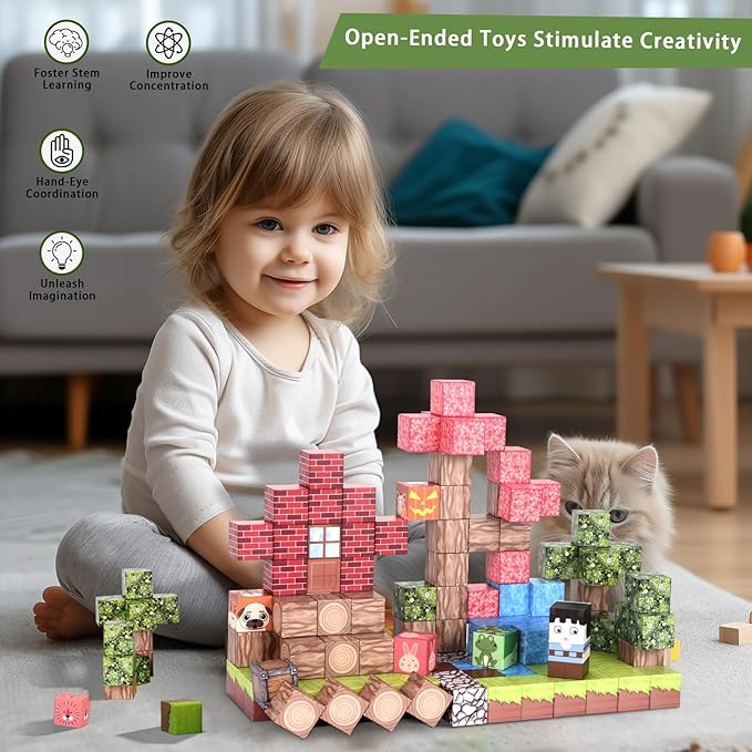 Magnetic Blocks,128 PCS Magnetic Building Blocks Tiles Stacking, STEM Montessori Stacking Toy for Toddlers Kids Ages 3+ Year Old Birthday Gifts