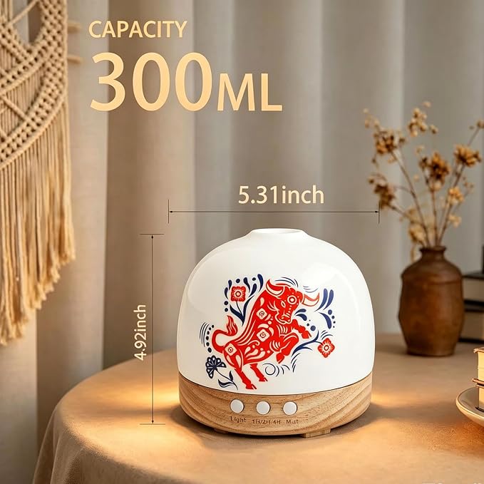 Ceramic Diffuser - 300ML Essential Oil Diffuser,Cute Porcelain Design, Quiet Cool Mist, 4 Timer Modes, Auto Shut-Off, Night Light for Bedroom and Home