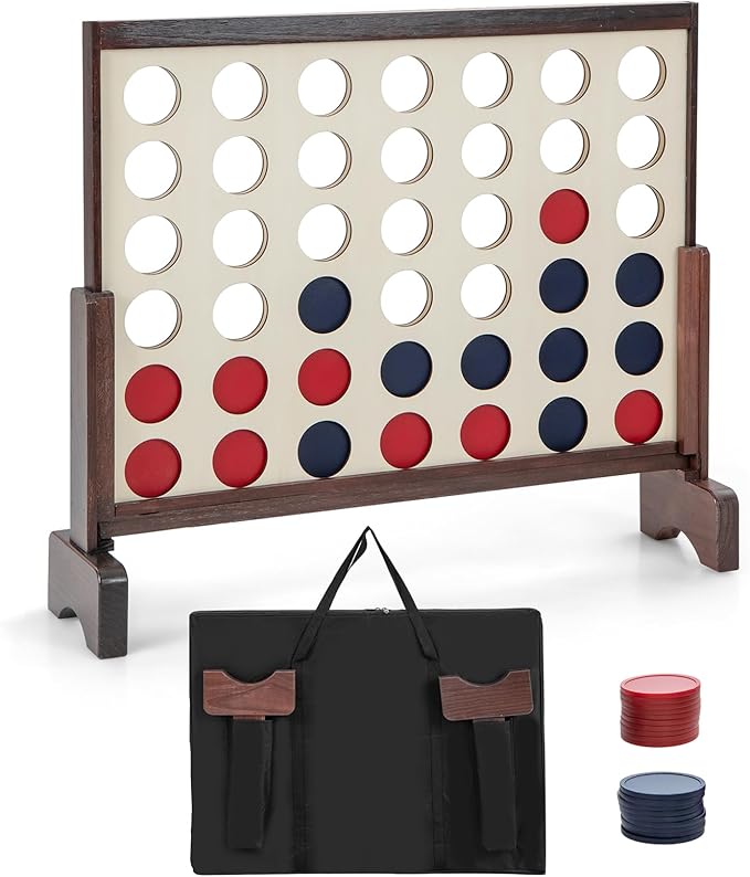 Costzon Giant 4-in-a-Row Game Set, Wooden Jumbo 4-to-Score Game with 42 PCS Chips & 600D Oxford Fabric Carrying Bag, Indoor Outdoor Line-up-4 Game for Kids & Adults, Ideal for Camping (Natural)