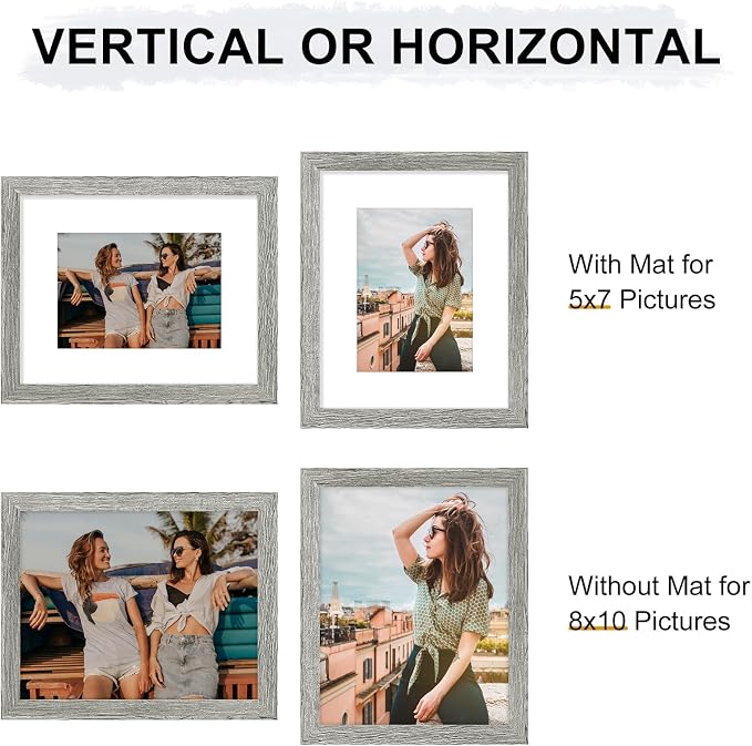 Vittanly 8x10 Picture Frames Set of 9, Shatter Resistant Plexiglass, Display 5x7 Pictures with Mat or 8x10 without Mat, Photo Frames for Wall or Tabletop, Engineered Wood, Grey | Display Pictures 5x7 with Mat or 8x10 without Mat, Small Photo Frames, En...