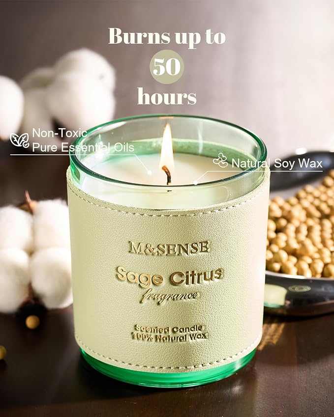 M&SENSE Sage Citrus Vegan Soy Candles, Non Toxic 10oz 42-Hour Long Burning, Winter Aromatherapy Candle for Home Air Purifying, Housewarming New Year Gifts