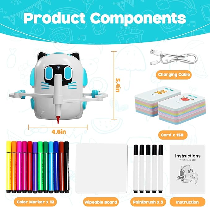 Drawing Robot for Kids with Camera Recognition, Montessori Educational Art Toy Kit with 150 Cards & 12 Colorful Pens for Preschool Learning Activities, Birthday Gifts for Boys Girls Ages 3+